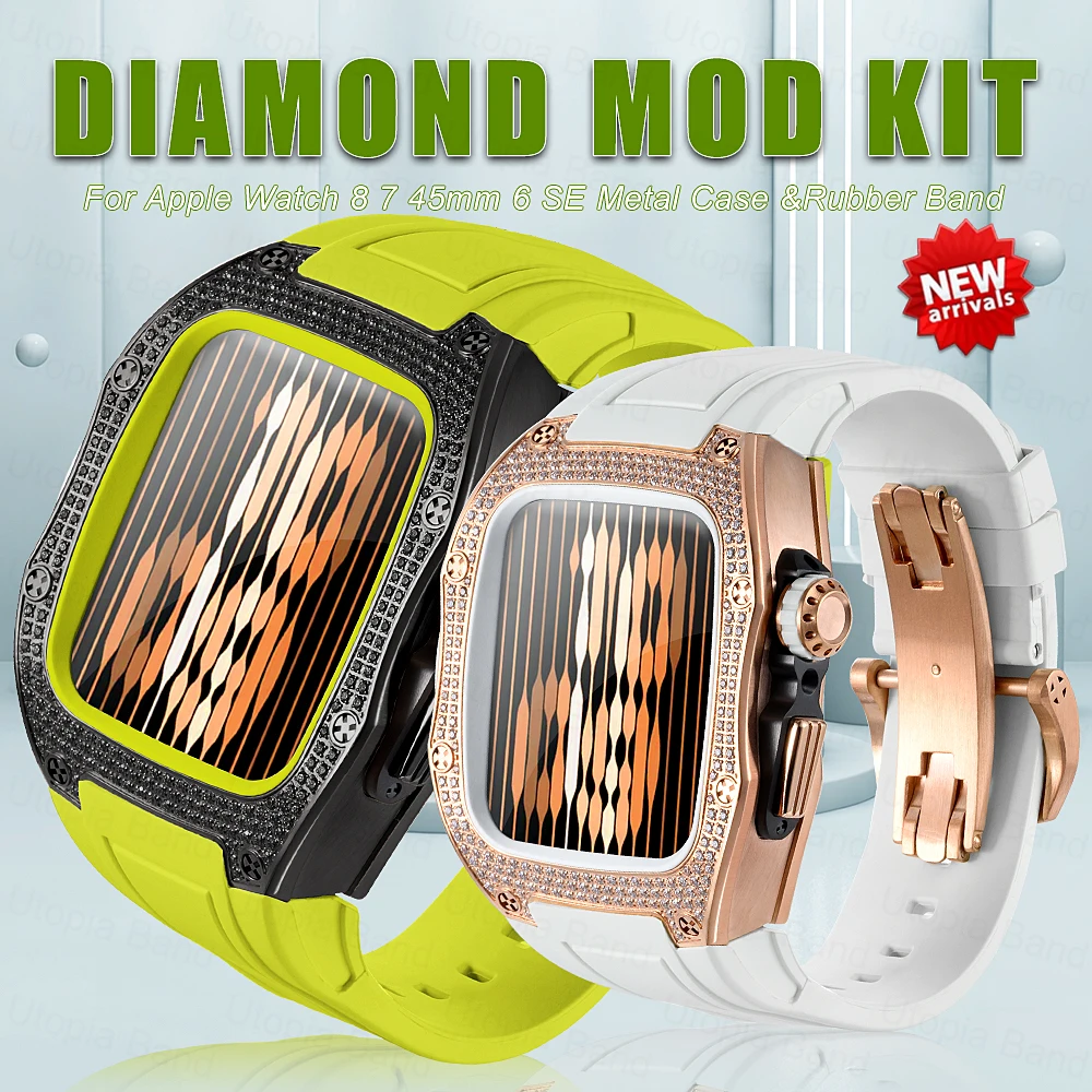 

Роскошный модификационный комплект для Apple Watch серии 8 7 45 мм, бриллиантовая фотография для iWatch 6 SE 5 4 44 мм, резиновый ремешок, металлический ободок, комплект мода