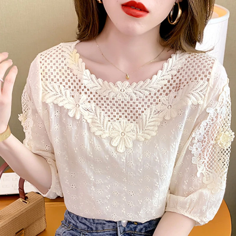 

2023 Fashion Half Sleeve Clothes O-neck Hollow Women Tops Summer French Style Sweet Blouse Apricot Lace Shirt Blusas 21217