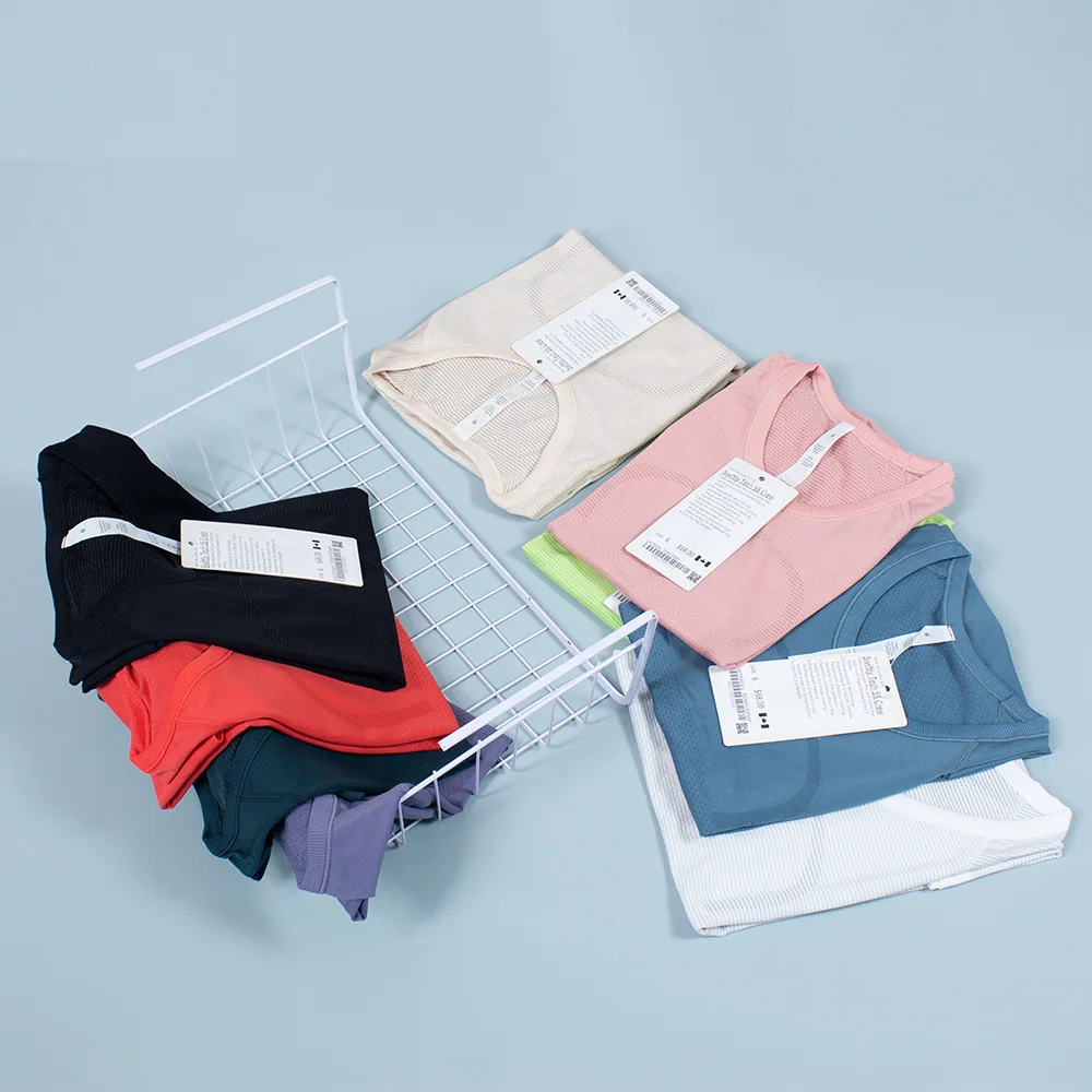 LuluWomens Yoga T-shirt Sports Short Sleeve Quick Dry Crew Neck Swiftly Gym T-shirt Spandex Tight Jogging Fitness Clothes