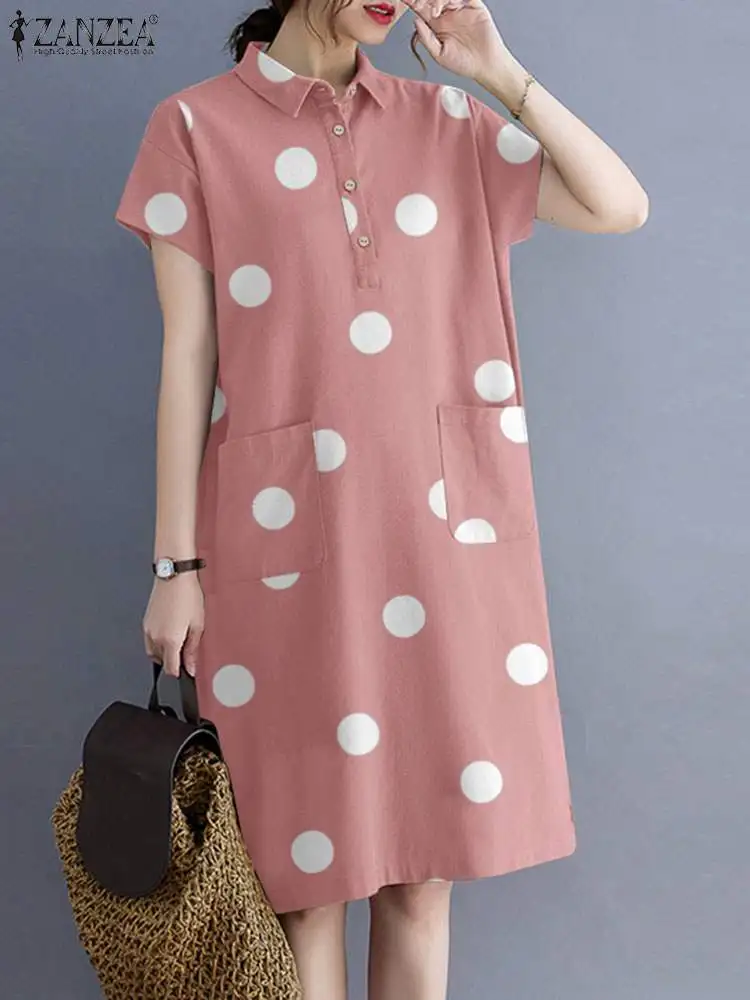 

Женское летнее платье-рубашка ZANZEA с отложным воротником и коротким рукавом, сарафан с принтом в горошек, элегантное платье на пуговицах, женское платье, 2023
