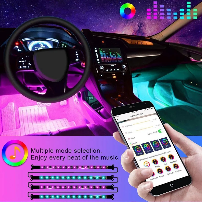 

72 LED Car Strip Light Bluetooth App Remote Control Ambient Lamp Multiple DIY Modes Under Dash Decorative Lights
