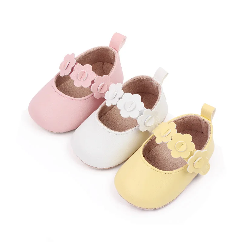 Baby Girls Shoes PU Leather Infant Flower First Walkers Toddler Little Girl Indoor Shoes White Yellow Pink Shoes 1 Year