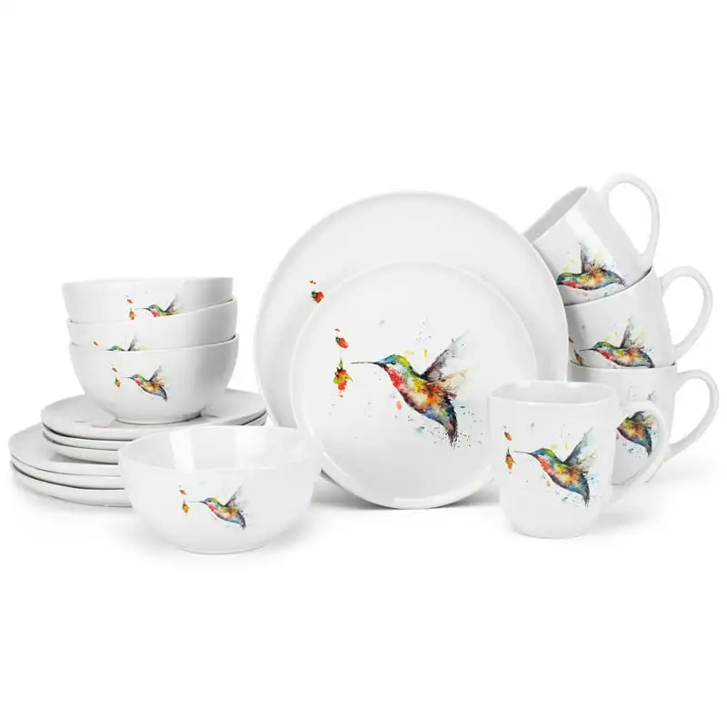 

Crouser Watercolor Ceramic Dinnerware 16 Piece Set - Service for 4, Hummingbird Soup bowl Ramen bowl Wooden bowl Plastic bowls M