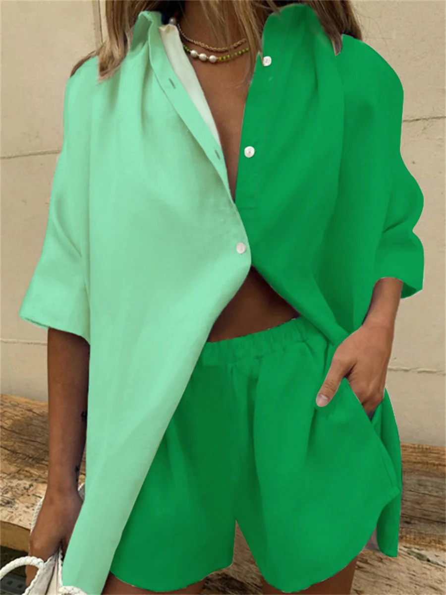 

wsevypo Summer Women 2Pieces Shorts Suit Color Contrasts Half Sleeve Button-Down Lapel Shirts Loose Shorts Casual Female Sets