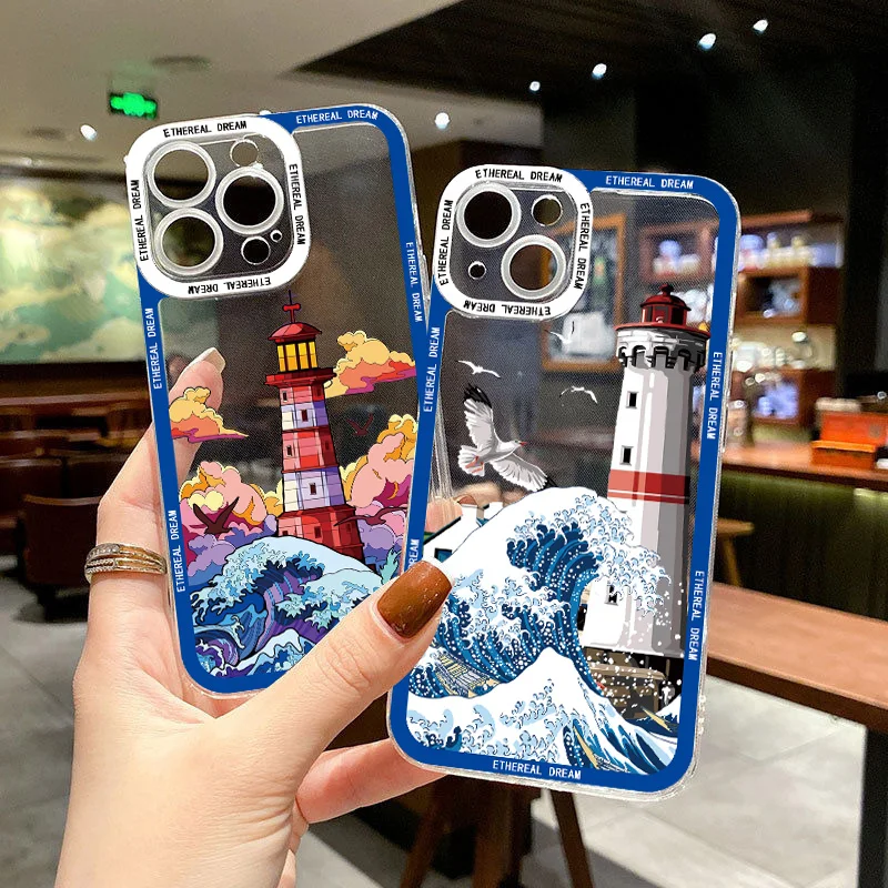 

Blue Wave Clear Phone Case For iphone X XR XS 14 12 11 13 Pro Max Lighthouse Illustration Cover For iphone 7 8 14 Plus SE2 Shell