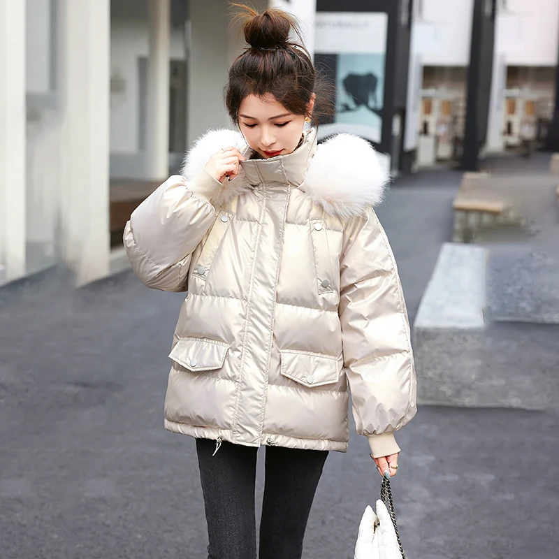 2022 New Winter Glossy Jacket Women Parka Fashion Loose Coat Hooded Parkas Slim With Fur Collar Warm Snow Wear Padded Clothes