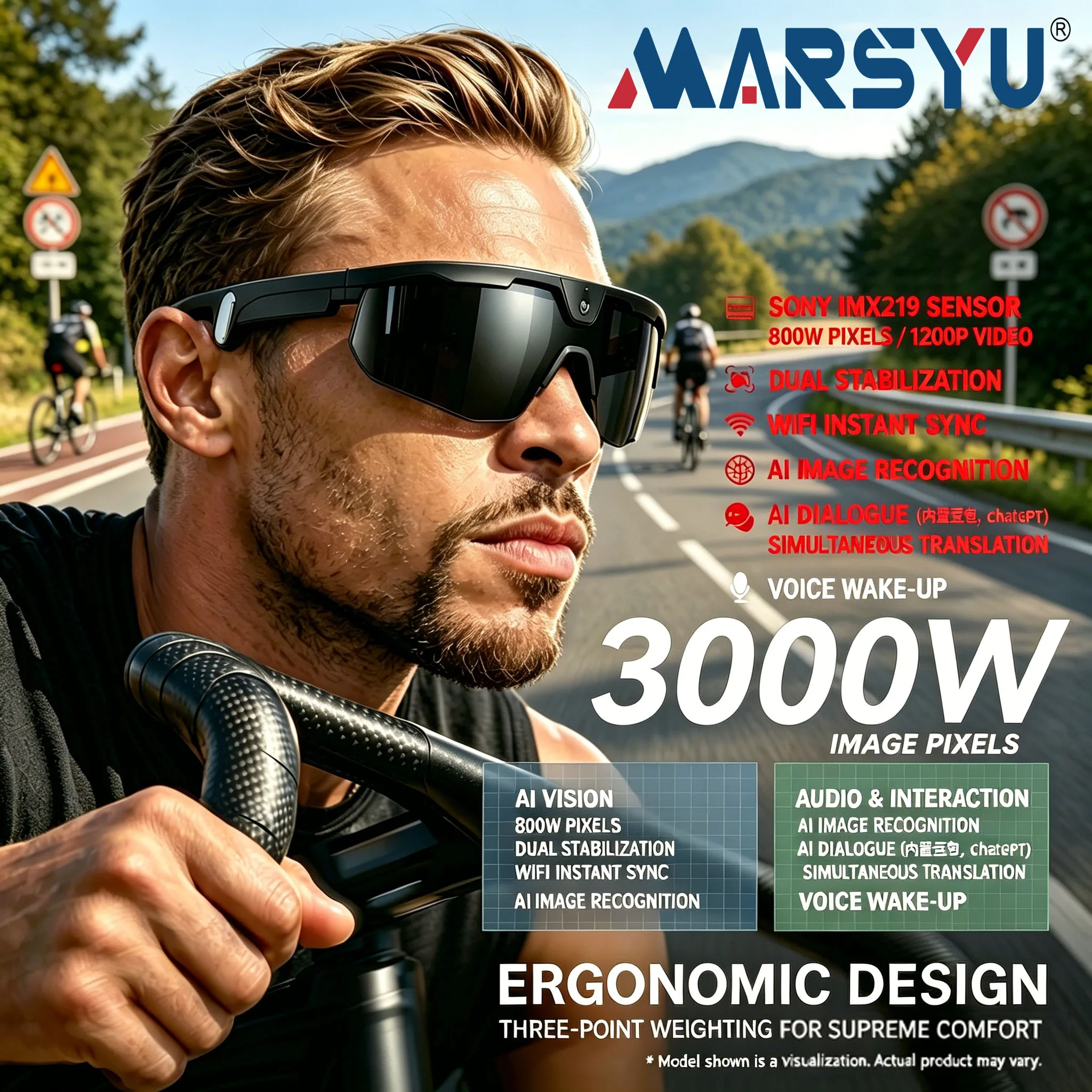 Фото Умные очки Marsyu с HD-видеокамерой, сенсором 8 МП, фото 32 МП, Wi-Fi, Bluetooth, аудио, защитой от сотрясений, двойным микрофоном и шумоподавлением ENC №1