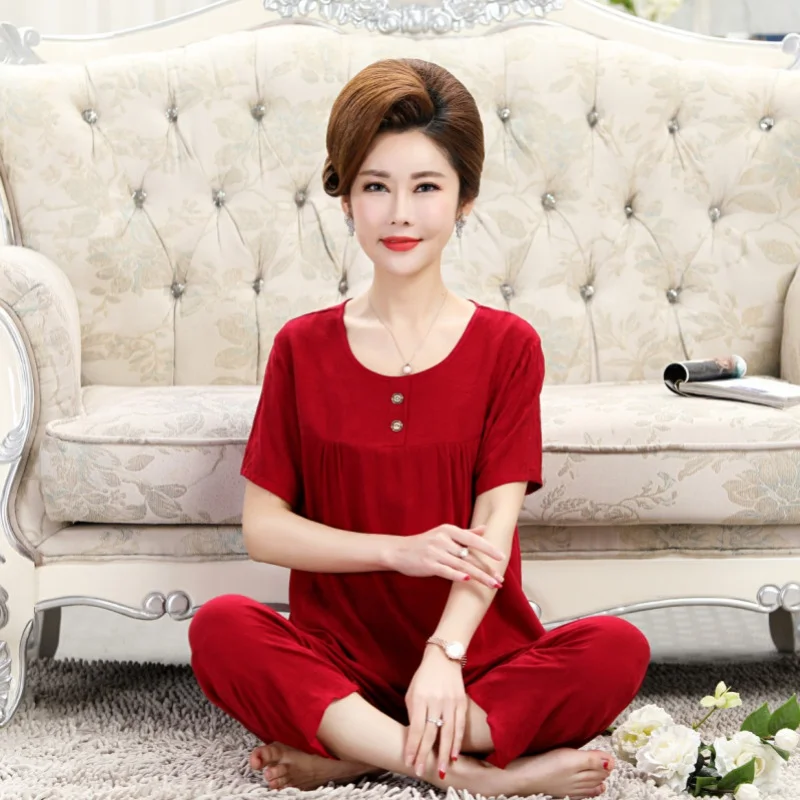 

Летняя женская пижама для матери среднего возраста, из хлопка и льна, с короткими рукавами, однотонная и цветочная свободная, большого разме...