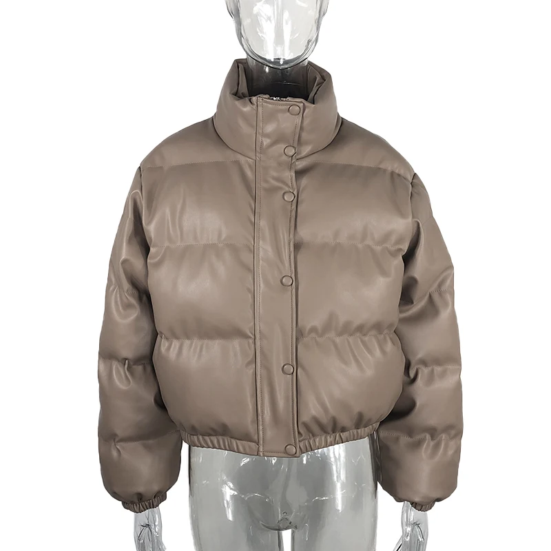 Women Fashion Stand Collar Black PU Leather Coats 2021 Winter Thick Warm Short Parkas Elegant Zipper Cotton Jackets Female Coat