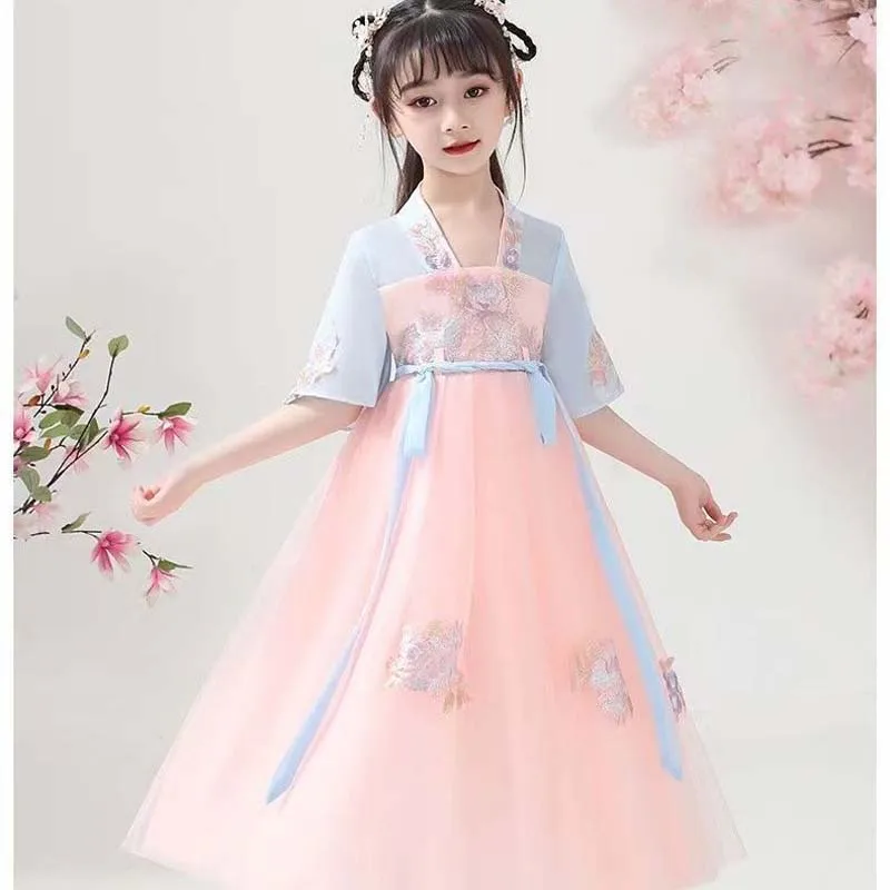 

Princess Girls Confucian Dress Retro China Tang Han Clothes Children Summer Tulle Dresses Short Sleeve Baby Kimono Classic Frock