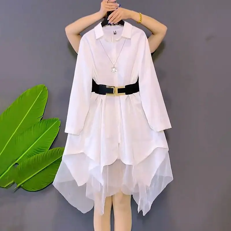 

2023 Autumn New Plus Size Women's Clothing Youthful Waist-Reducing Chiffon Dress with Irregular Playful Shirt Skirt Trend