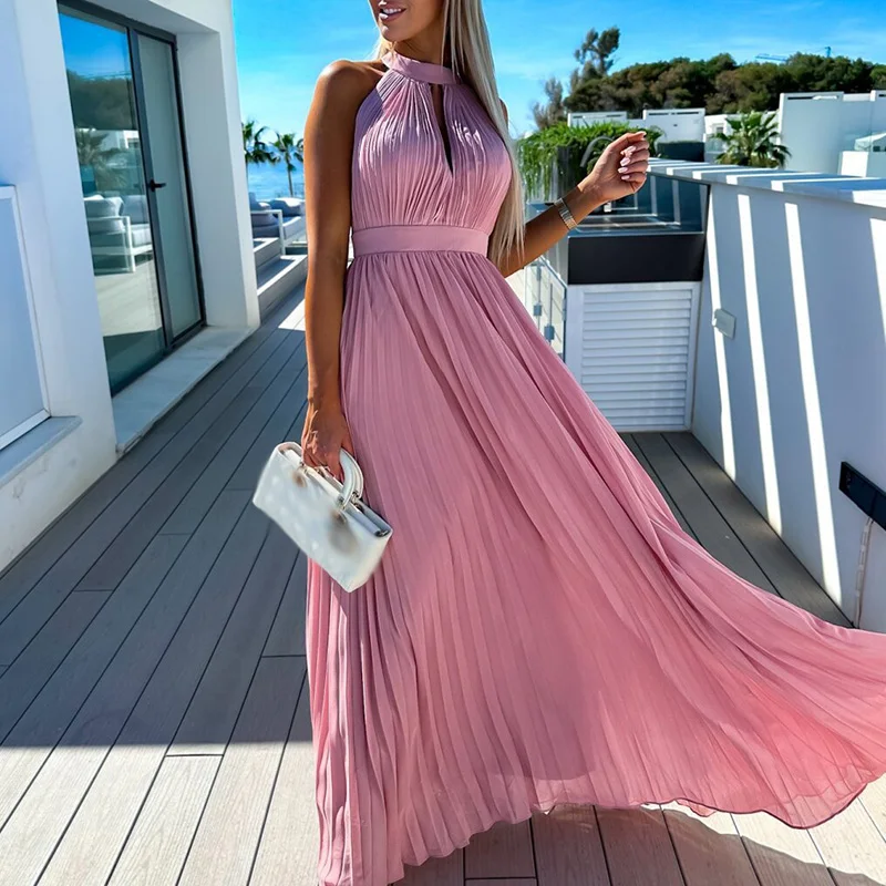 

Sexy Hanging Neck Hollow Out Long Dress Women Elegant Hight Waist Solid Party Dress Summer Casual Sleeveless Pleated Beach Dress