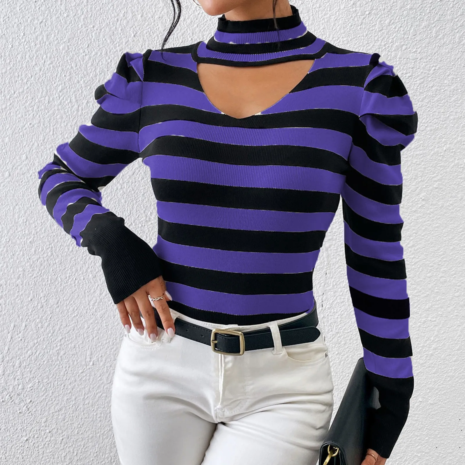 

Женский осенне-зимний новый пуловер в полоску с V-образным вырезом и рукавами-пузырями свободные свитера для женщин тонкий кардиган-свитер для женщин
