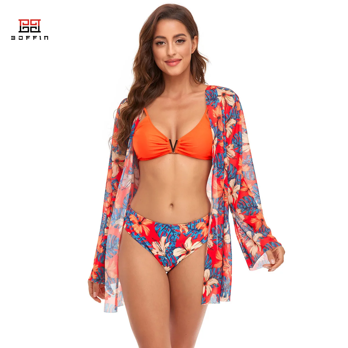 

Beach Cover Up And Bikini Set Sexy Swimwear Women Hollow Out Swimsuit High Waist Biquini Female 2023 Print Beachwear