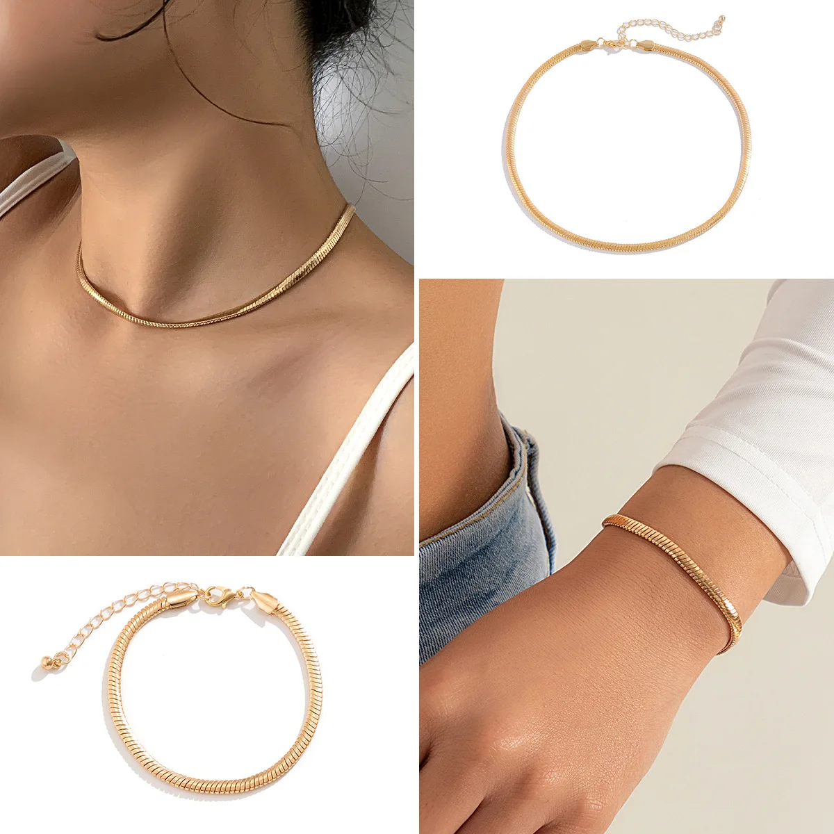 

Cold personality flat snake bone chain niche hot girl collar simple plain chain metal necklace