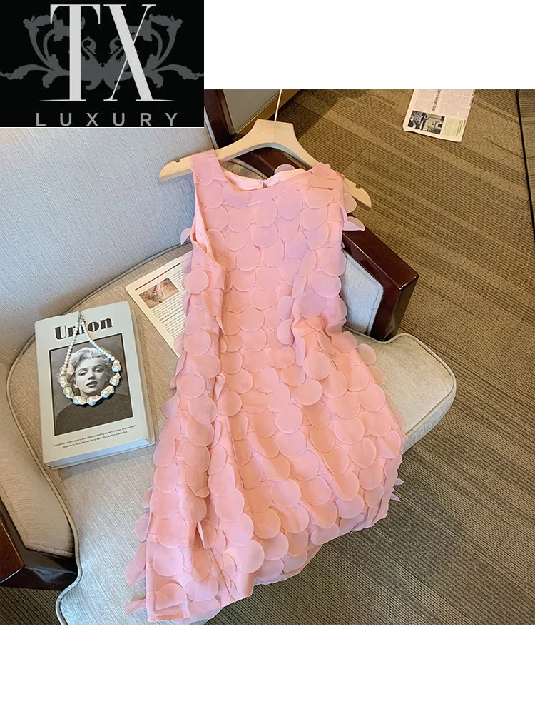 

Women Tiered Ruched Mini Dress Casual Fashion Elegant Sweet Pink Sleeveless Vestidos French Aesthetic Baggy O-neck Short Dresses