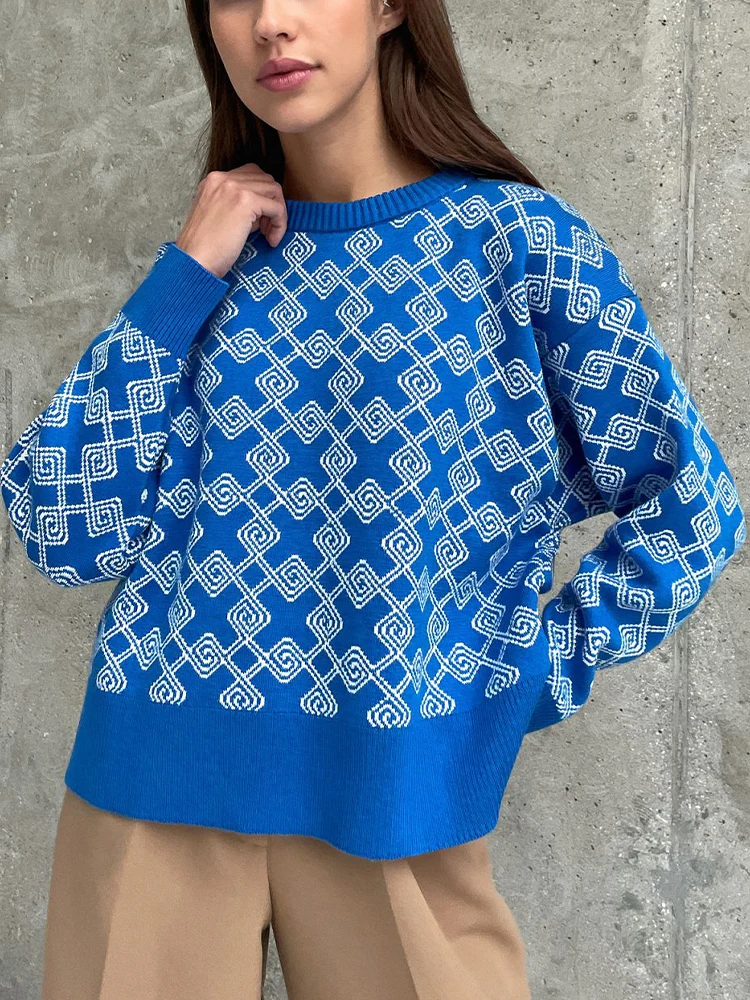 

Knitted Soft Warm Pullover For Women 2022 Spring Autumn Geometric O-Neck Loose Sweaters Streetwear Casual Green Jumper Top Y2k