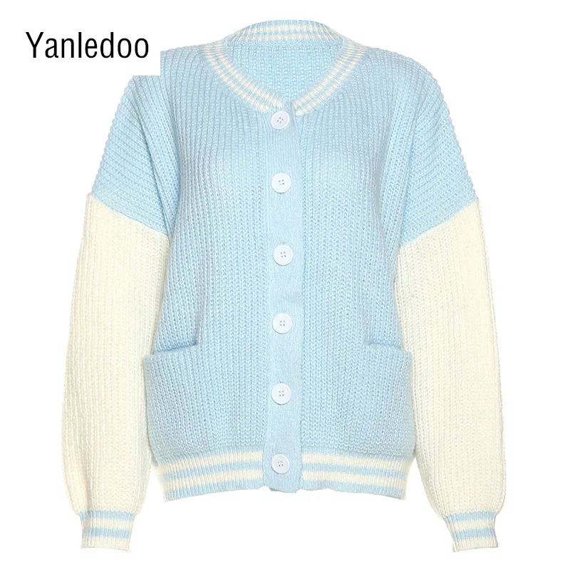 

Women's Fashion Long Sleeve Tops Ins 2022 Autumn New V-neck Single Breasted Slim Patchwork Color Cardigan Sweater With Pocket