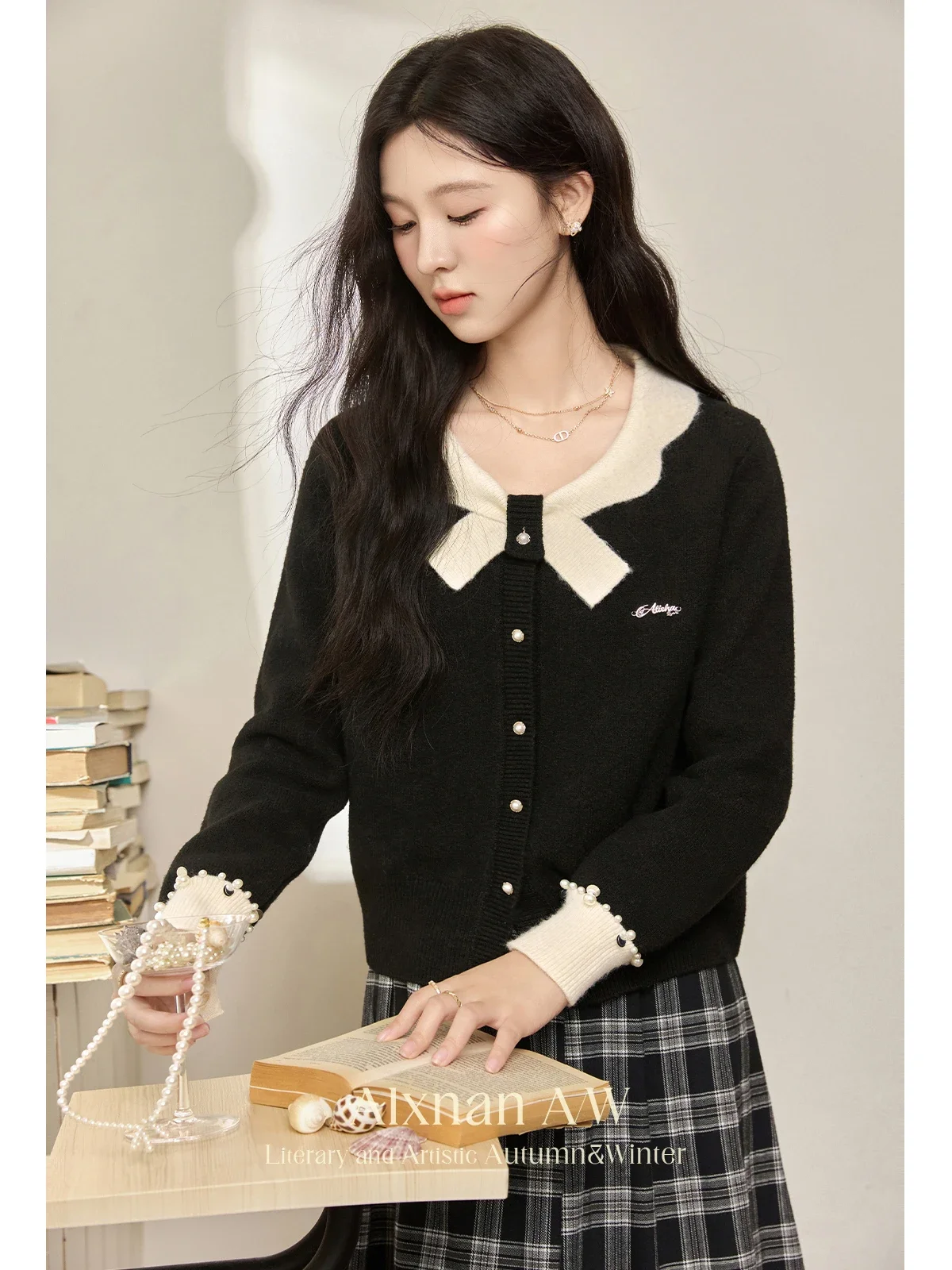 ALXNAN женский элегантный темпераментный кардиган контрастного цвета с бантом и