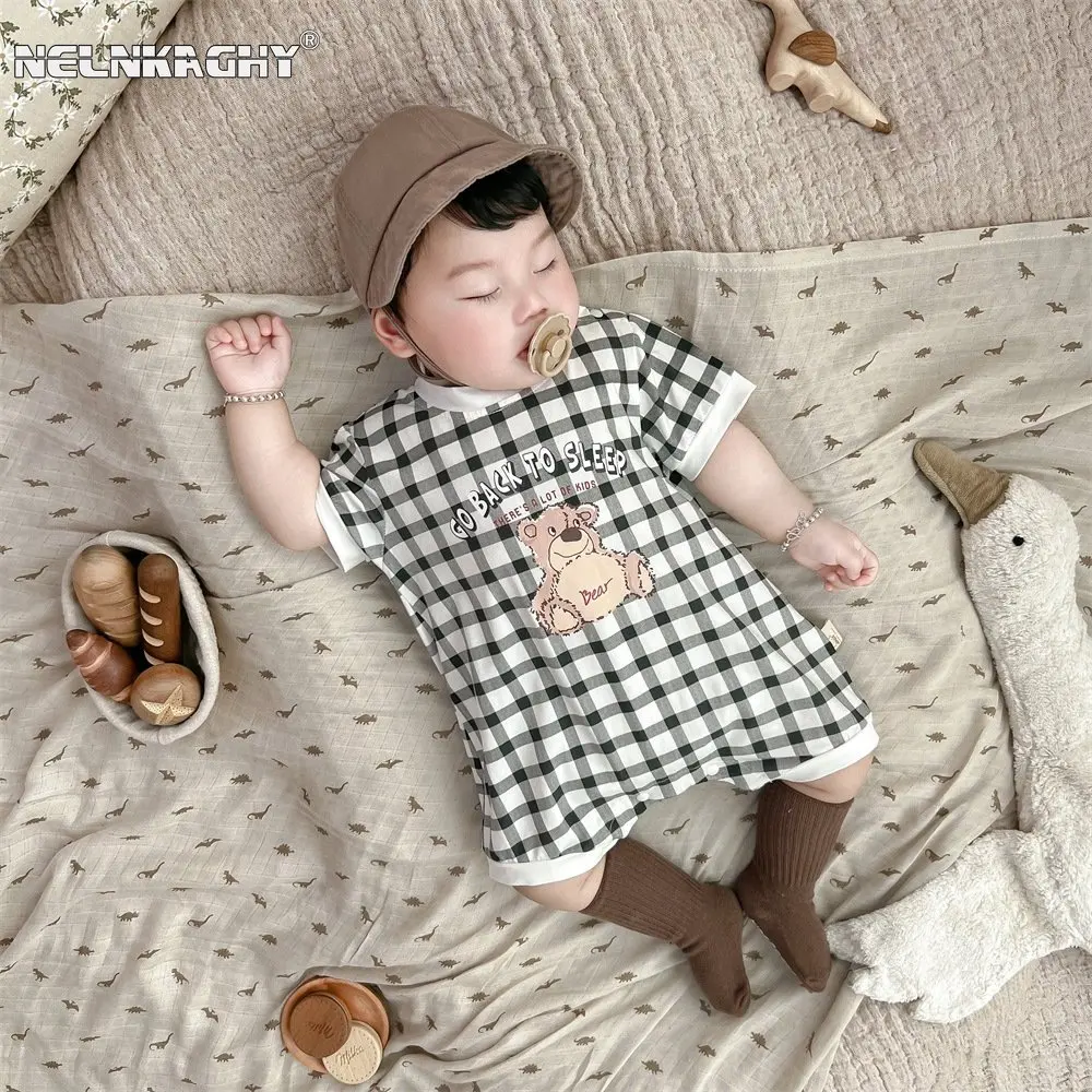 

Newborn Baby Boys Plaid Bear Letter One-piece Jumpsuits: Short Sleeve Infant Kids Cotton Romper (0-24M) for 2023 Summer
