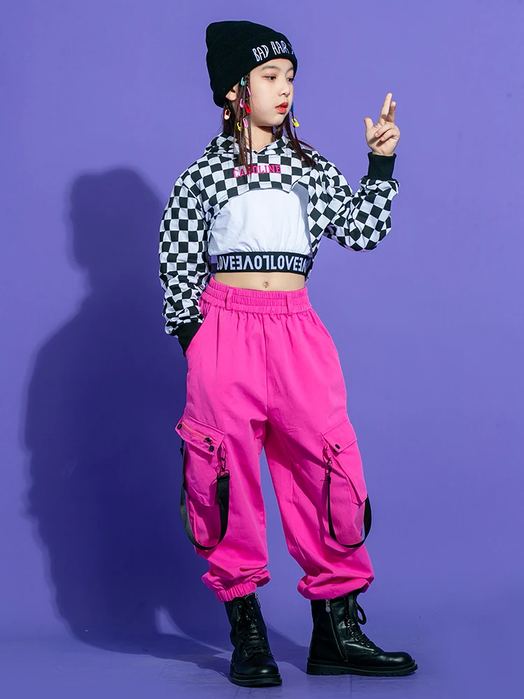 2021 New Jazz Dance Costumes Plaid Crop Tops Pink Hiphop Pants Street Outfits Ballroom Hip Hop Rave Clothes 110-180 |