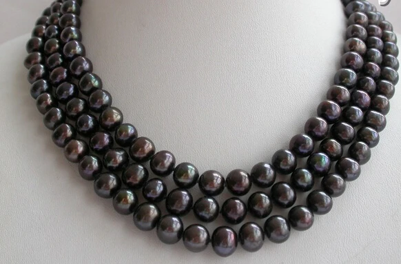 free shupping stunning super 3rows 8-9mm round black freshwater pearl necklace