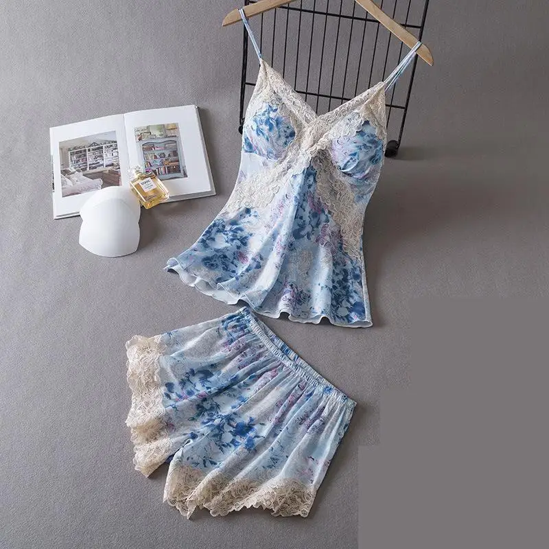 

Print Lace Pajamas Set Women Sleepwear Intimate Lingerie Summer Sexy Strap Top&Shorts Sleep Suit Silky Satin Pyjamas Homewear