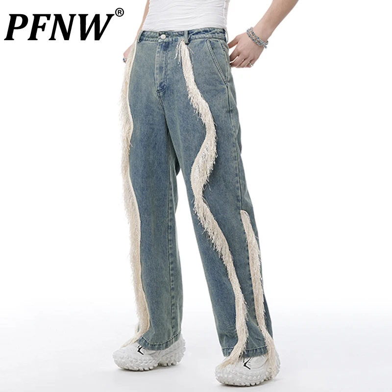 

PFNW Spring Autumn New Men's Straight Loose Jeans Tassel Spliced High Street Hip Hop Stylish Vintage Washed Niche Pants 28A3112