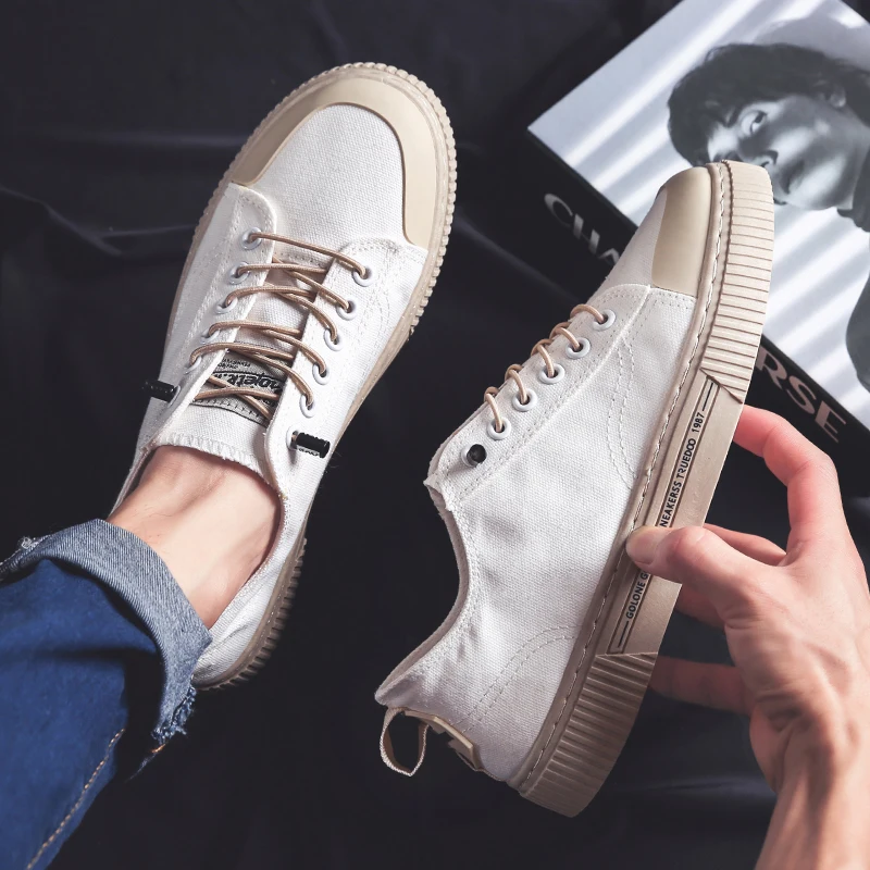 

WORDLESS Men Canvas Shoes Low Help Flat Shoes for Men Solid Color Men Sneakers Vulcanize Shoes 2022 Versatile Men Casual Shoes