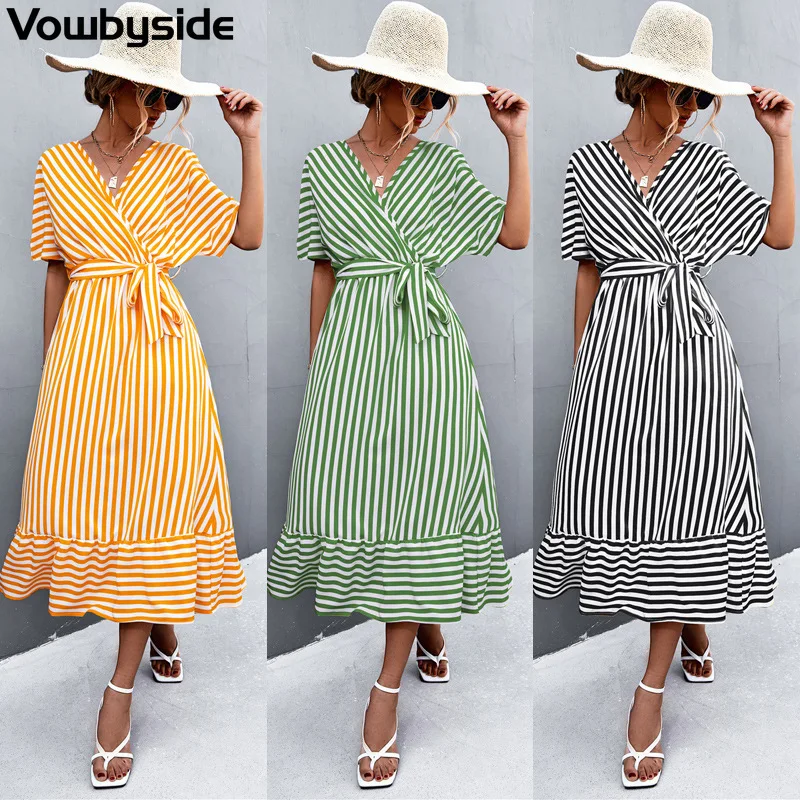 

2022 Women's Dress Stripe Print V-Neck Short Sleeve A-Line Long Dress