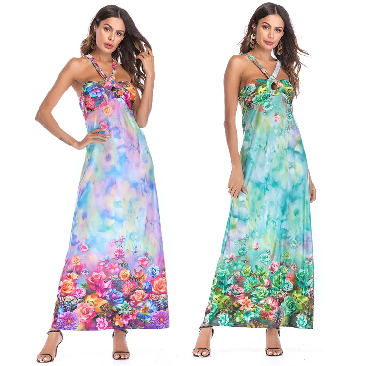 

2022 Spring And Summer Woman's Printed Suspender Holiday Dress