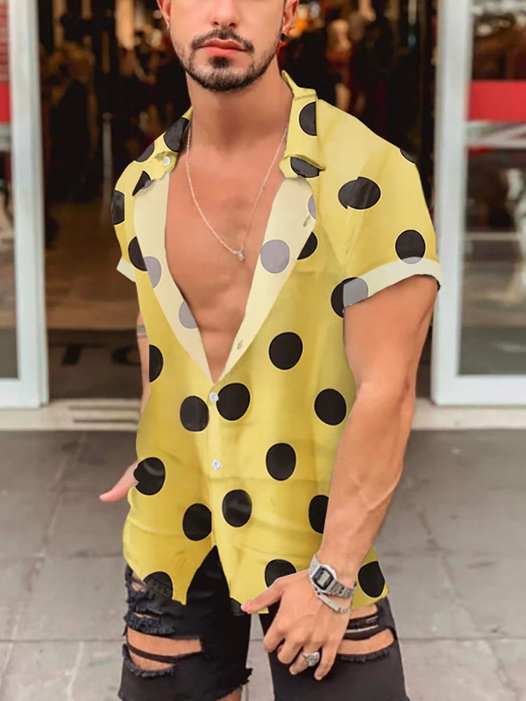 

2022 Summer Casual Turn-down Collar Beach Shirts Men Vintage Dot Print Buttoned Shirt For Men Fashion Long Sleeve Slim Fit Tops