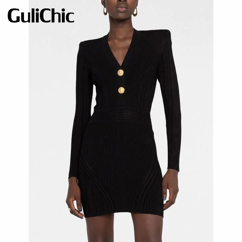 

2.15 GuliChic Women Elegant Solid Color Golden Button Decoration Stretch Slim Knitted Dress