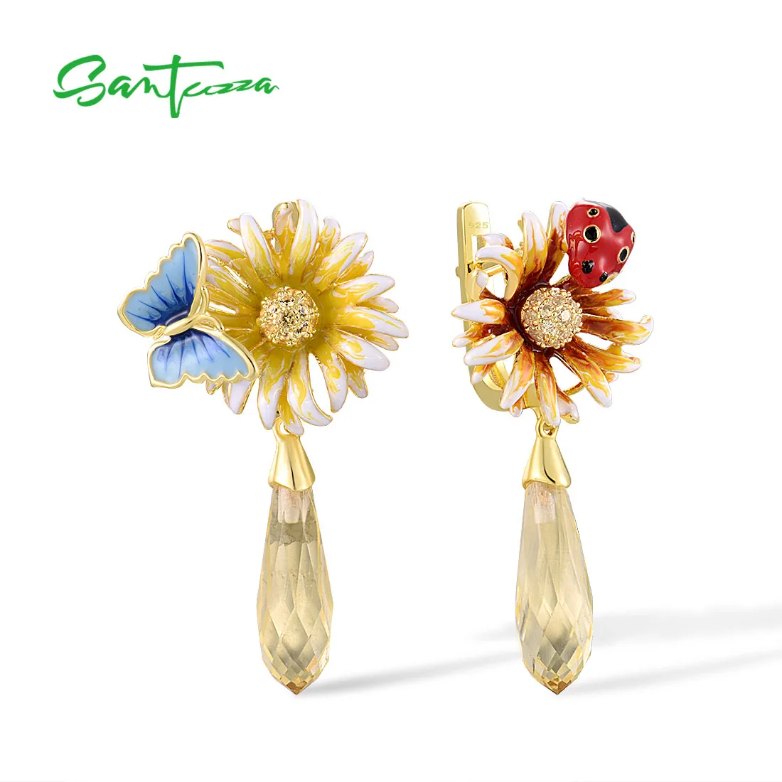 

SANTUZZA 925 Sterling Silver Drop Earrings For Women Yellow Stones Champagne CZ Enamel Flower Butterfly Fine Jewelry Handmade