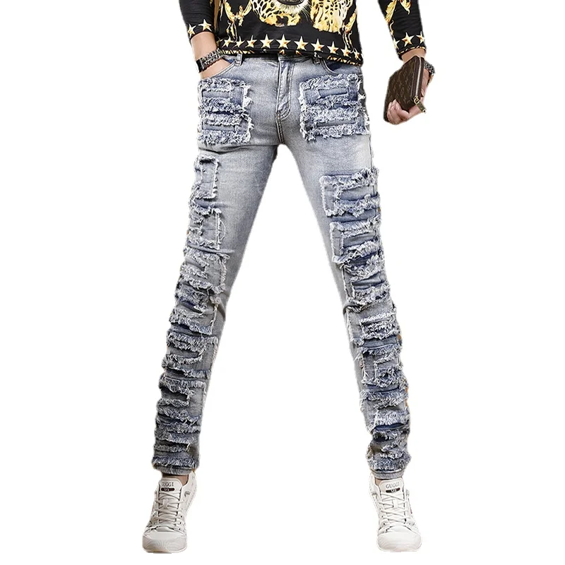 Autumn Men's Light Blue Patch Jeans Slim Fit Straight Pants Streetwear Casual Stretch Denim Trousers CP2150