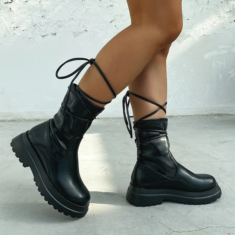 

Fashion Mid-Calf Boots For Women Thick Heels Platform Shoes Ladies Cross Tied Female Flat Boots PU Leather Footwear Plus Size 43