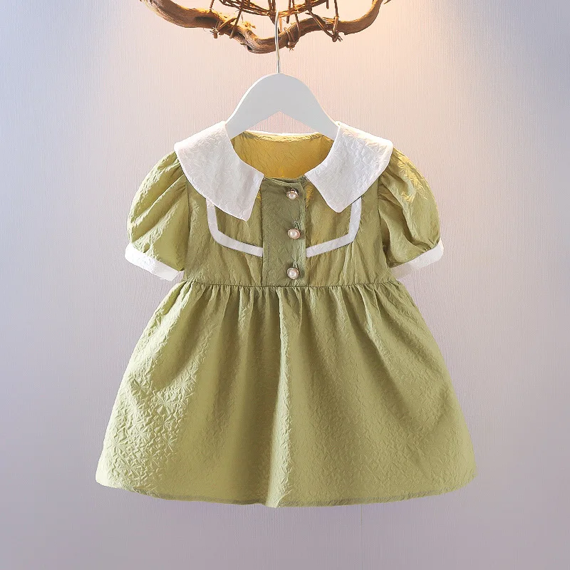 

Korean Version Toddler Baby Girls Clothes Summer Short Sleeve Pearl Buttons Dress Princess Birthday Dress Infant Fashion Dress