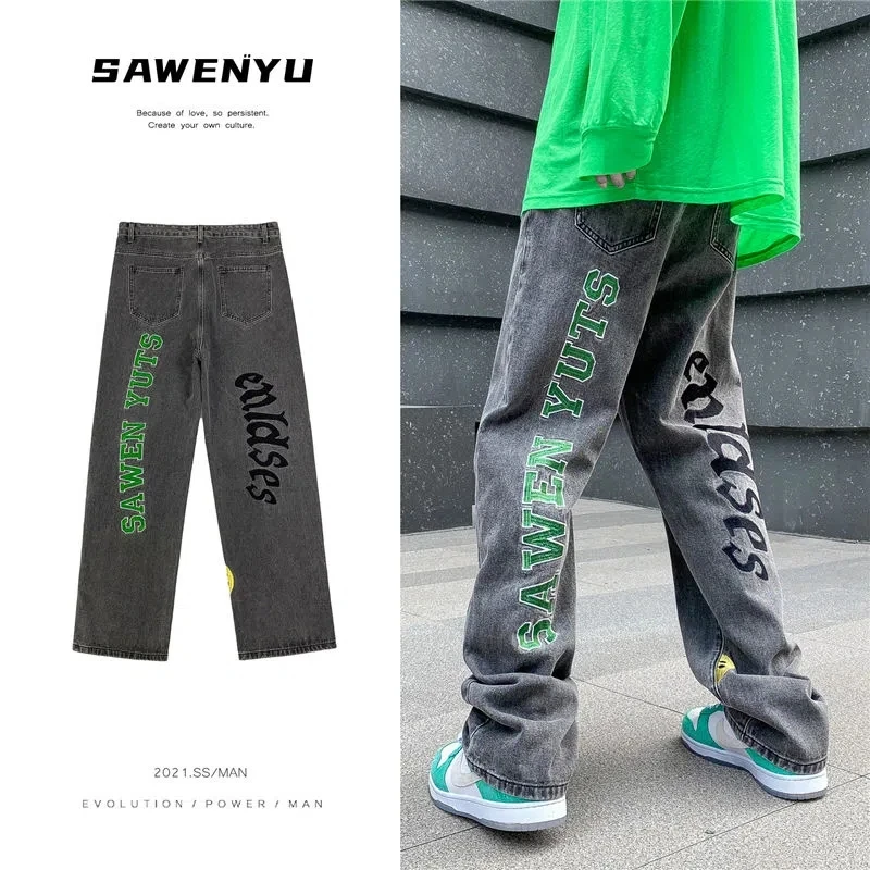 Hip Hop Fashion Trends Letter Printing Jeans For Men High Street Blue Black Jeans Homme Loose Straight Hearts Pants Moto Trouse