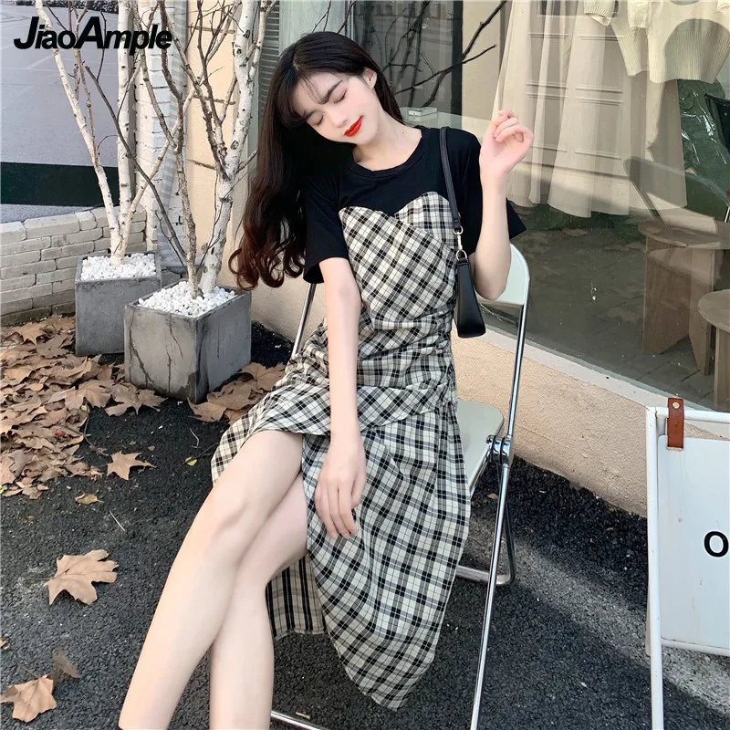 

Женское изящное платье-миди, летние облегающие платья в клетку, с коротким рукавом, в стиле пэчворк, модная повседневная Уличная одежда для ...