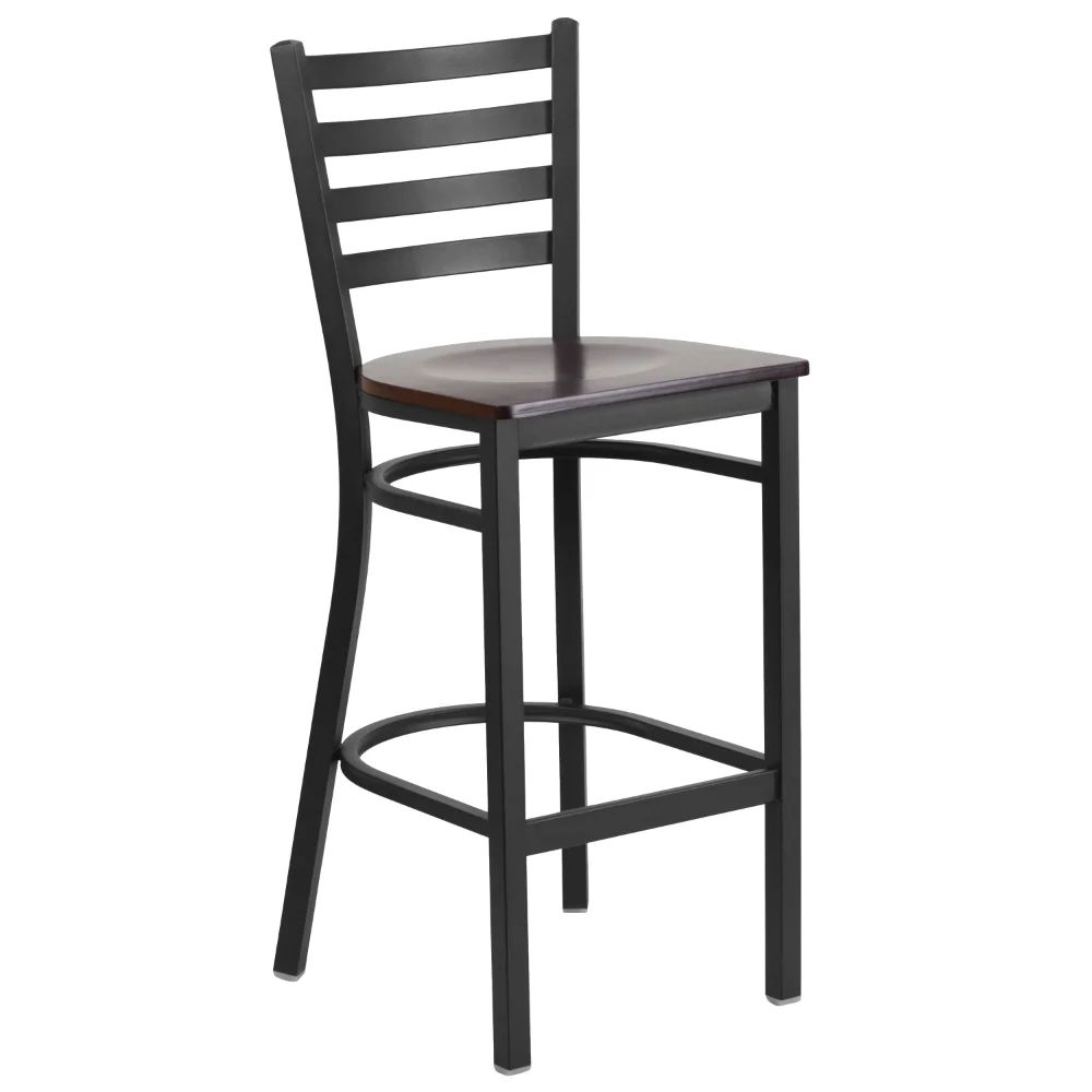 

Series Black Ladder Back Metal Restaurant Barstool - Walnut Wood Seat