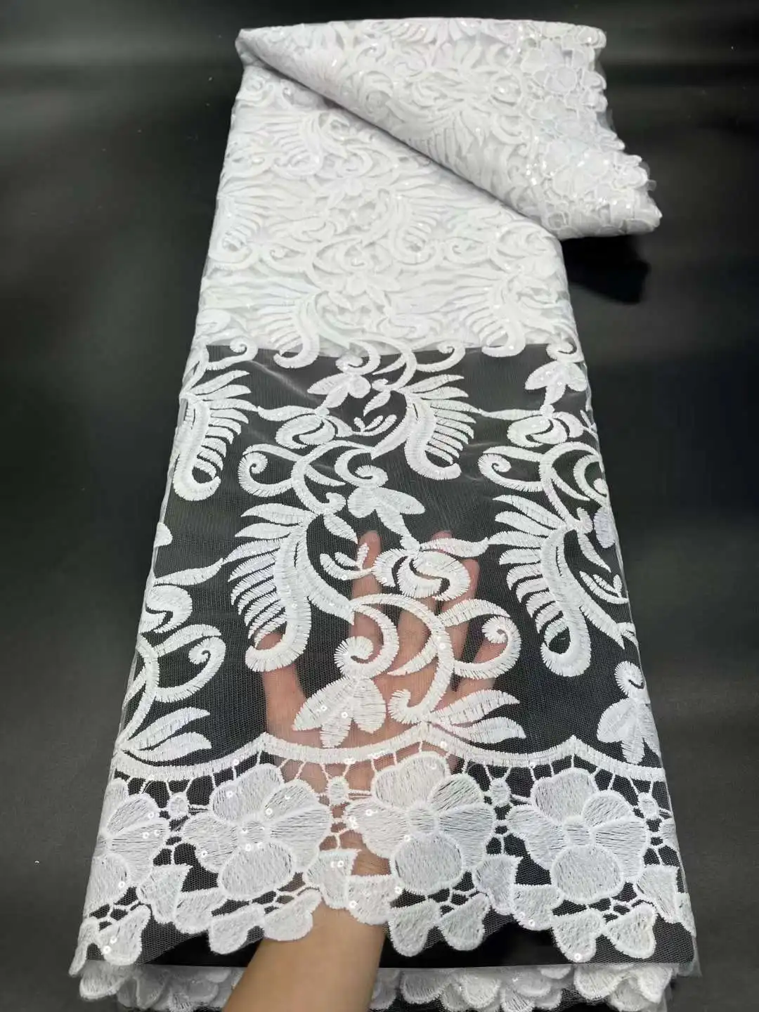 

Nigeria pure white lace fabric French high quality sequins craft, African tulle lace party dress embroidery fabric 5/ yard
