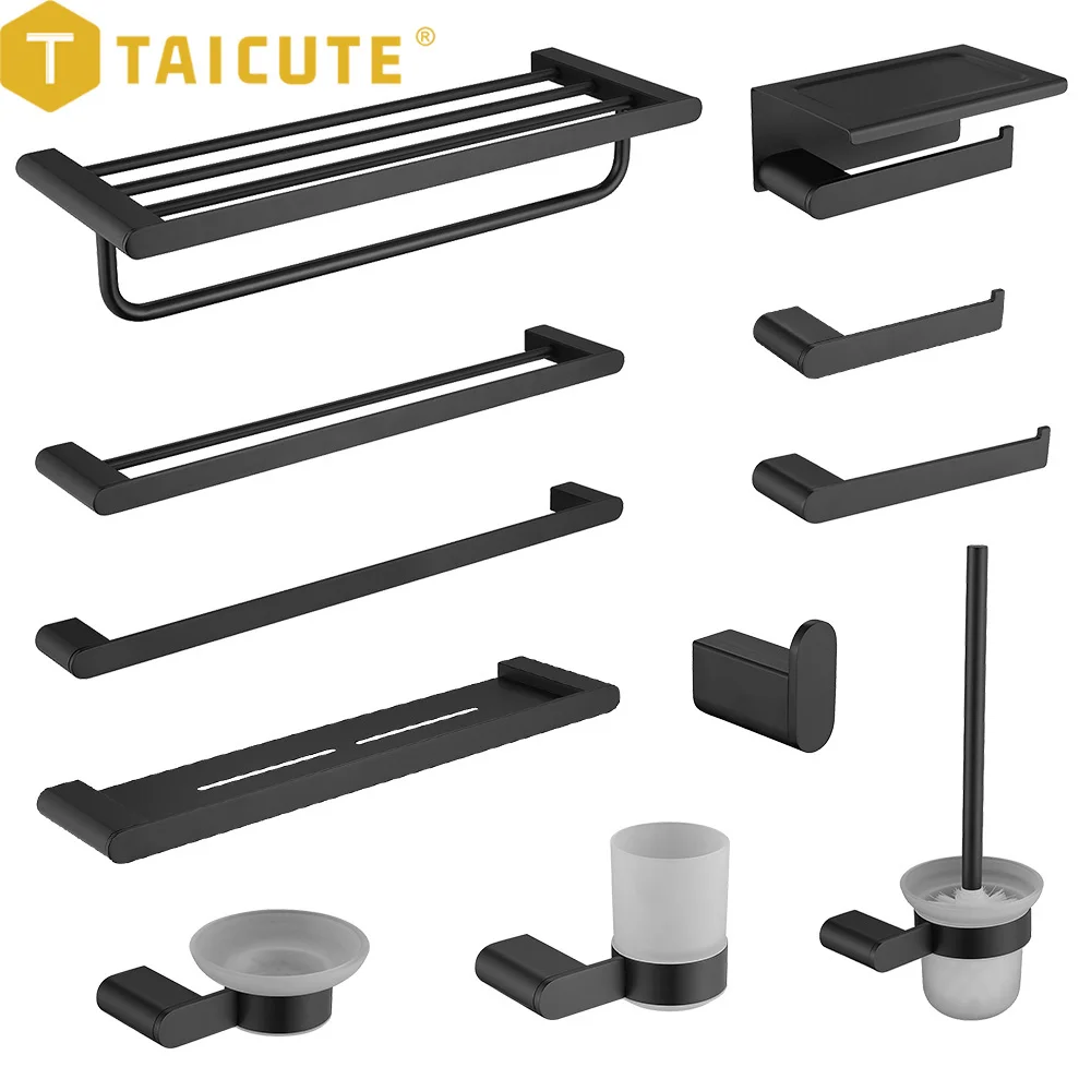 

forTAICUTE Black Bathroom Accessories Hardware Sets Premium Stainless Steel Towel Rack Bar Hook Toilet Paper Roll Holder Brush