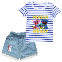 huggy wuggy clothes kids striped short sleeve tshirt denim shorts 2pcs sets for baby boys casual tracksuit teen girls outifts