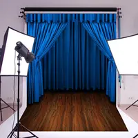 Photography Backdrop Retro Wood Floor Blue Curtain Stage Studio Photo Props Background Decoration Banner Poster