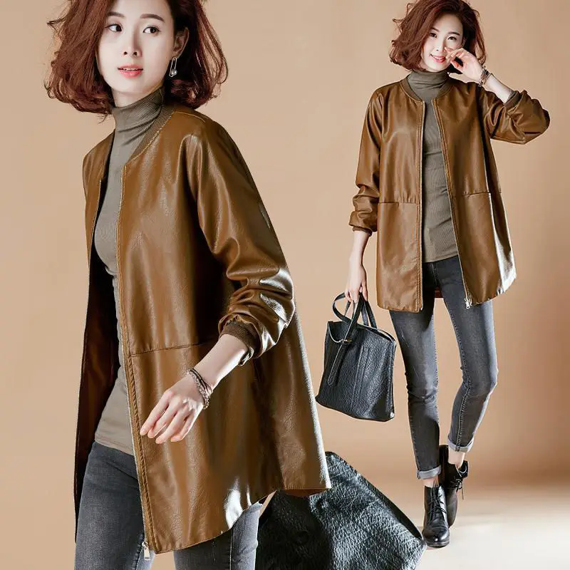 

Women 'S Leather Top Mid-Length Leather Coat Coat Women Loose PU Leather Shirt Faux Leather Coat