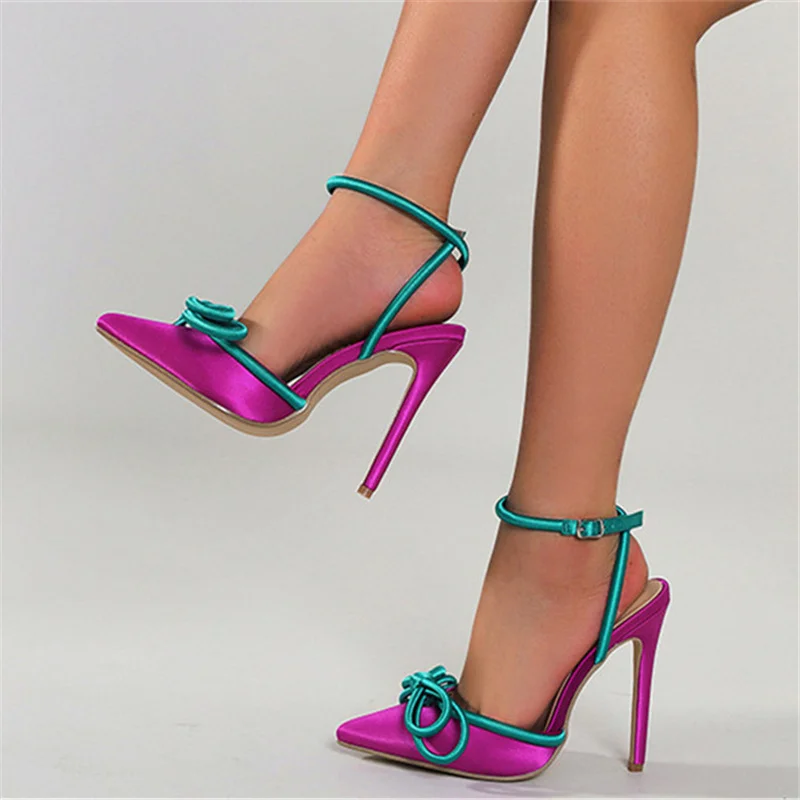 

2022 Slingback Sexy Women's Sandals Narrow Strap Bow Pointed Toe Prom Pumps Ankle Buckle Strap High Quality Silk Ladies Sandals