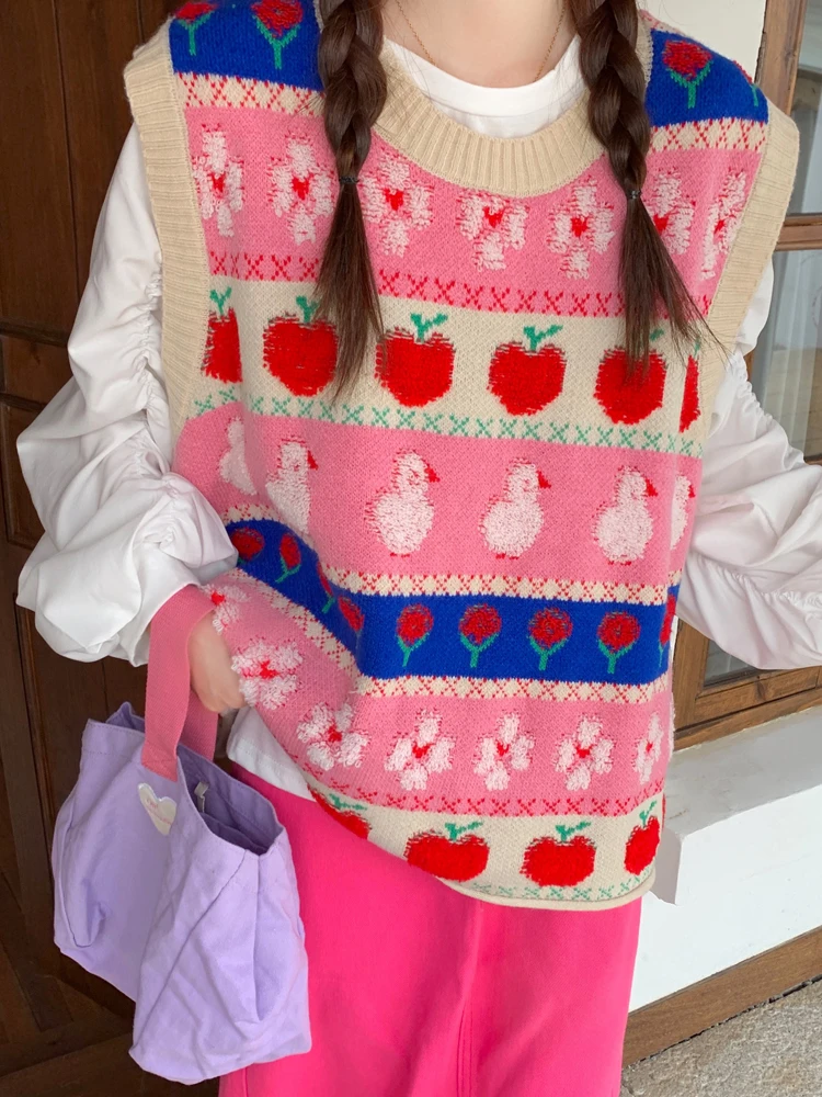 

KIMOKOKM Preppy Style Japanese Sweet Girl O-Neck Cute Contrasting Colors Cartoon Sleeveless Knitting Vest Pullover Sweater