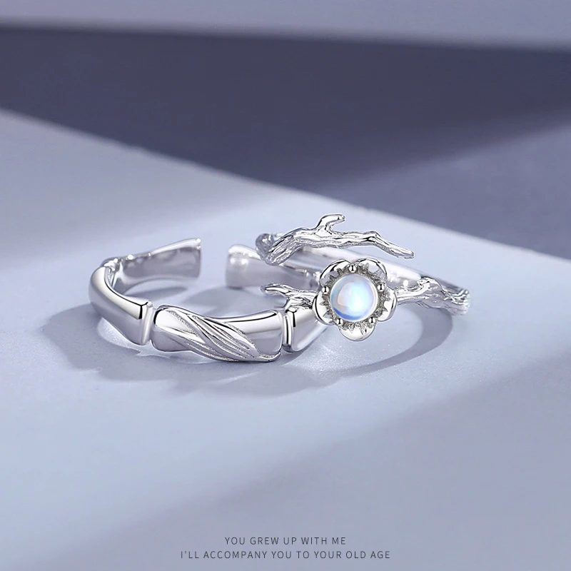 

New Hot Selling Silver Color Fashion Personality Bamboo Plum Blossom Moonlight Stone Couple Love Ring Jewelry Gift Free Shipping