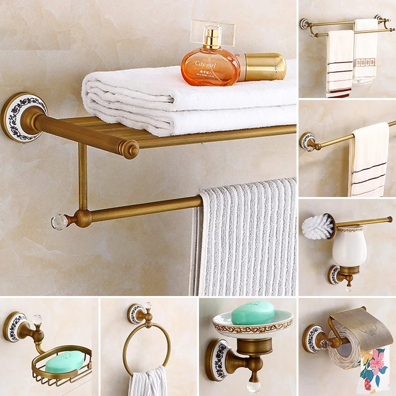 

Retro Towel Hanger Kit Blue And White Porcelain Crystal Bathroom Towel Rack All Copper European Towel Rack Set