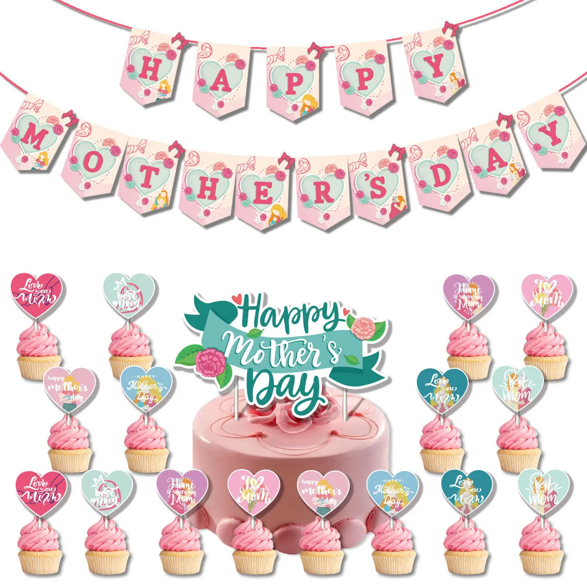 

SURSURPIRSE тема на день матери, зеленый белый латексный шар, розовый бумажный баннер, Топпер для капкейков, товары для красивого Дня матери